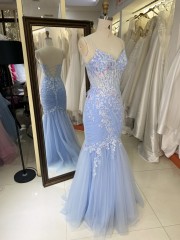 Light Blue Mermaid Corset Hand Pleated Tie Back Elegant Glitter Prom Dress 2026