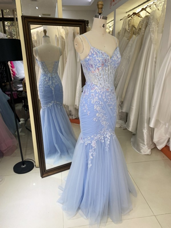 Light Blue Mermaid Corset Hand Pleated Tie Back Elegant Glitter Prom Dress 2026