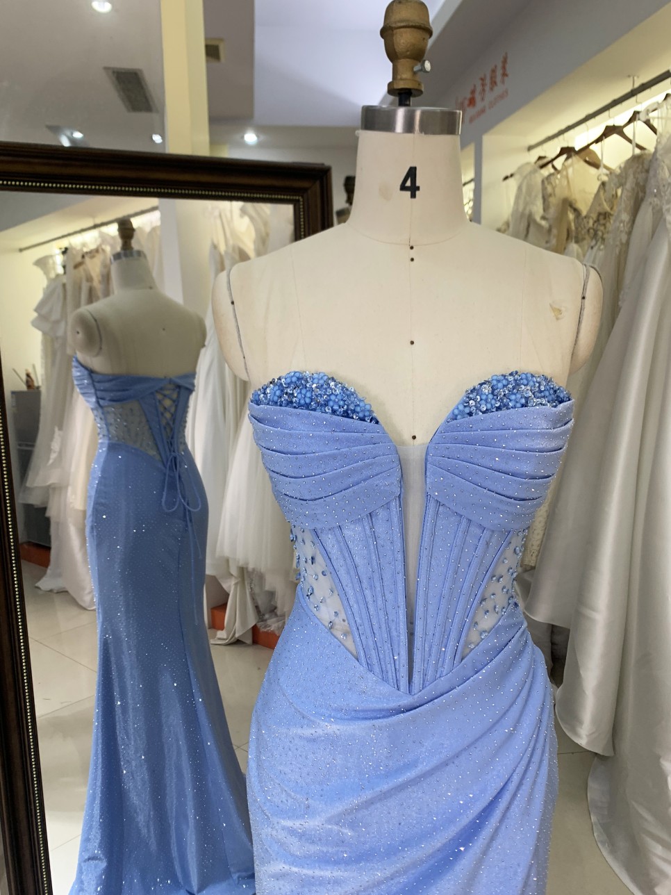 Dusty Blue Corset Rhinestone See Through Prom Evening Long Gown Dress Elegant 2026