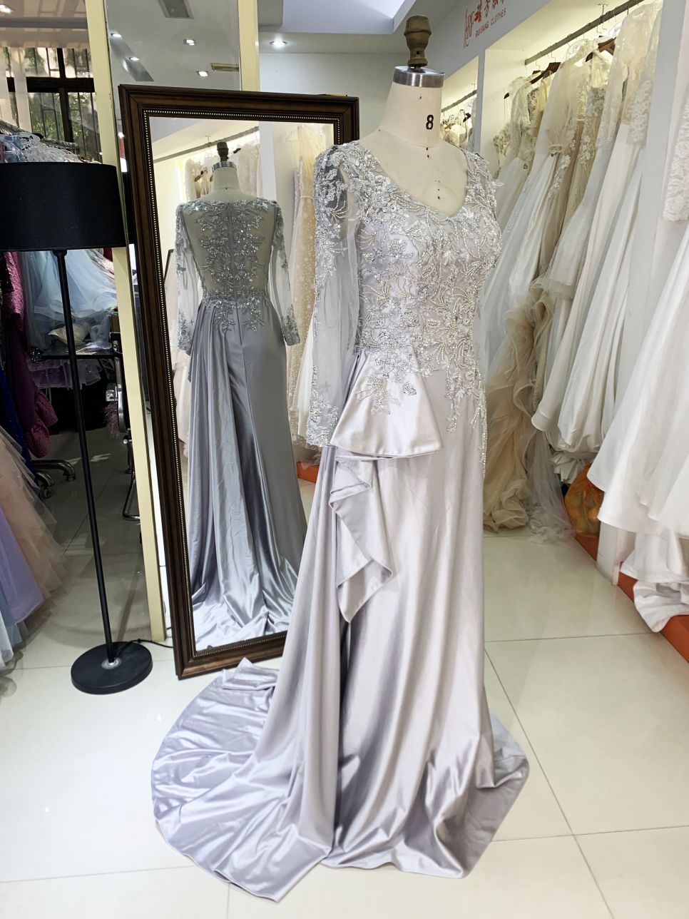 2025 New Luxury Silver Satin Mermaid Wedding Gown Handmade Beaded Embroidered and Pleated for Mother of the Groom