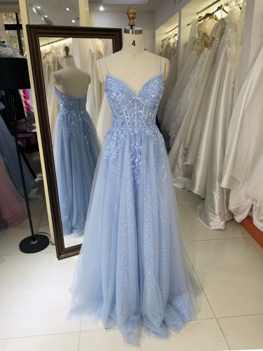 2025 New Wholesale Sky Blue Elegant Long Floor-Length Ball Gown Evening Dresses for Women and Ladies Girl