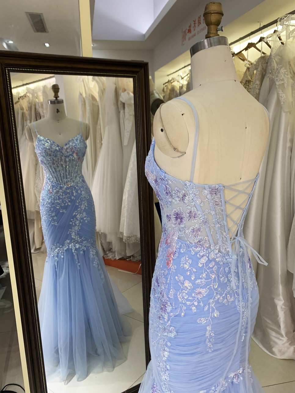 Light Blue Mermaid Corset Hand Pleated Tie Back Elegant Glitter Prom Dress 2026