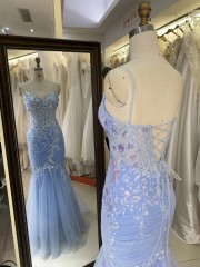Light Blue Mermaid Corset Hand Pleated Tie Back Elegant Glitter Prom Dress 2026