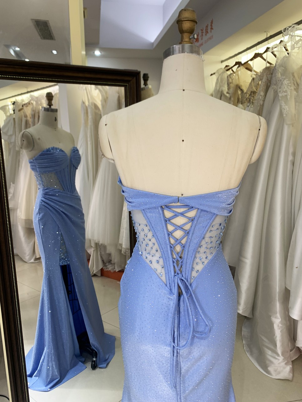 Dusty Blue Corset Rhinestone See Through Prom Evening Long Gown Dress Elegant 2026