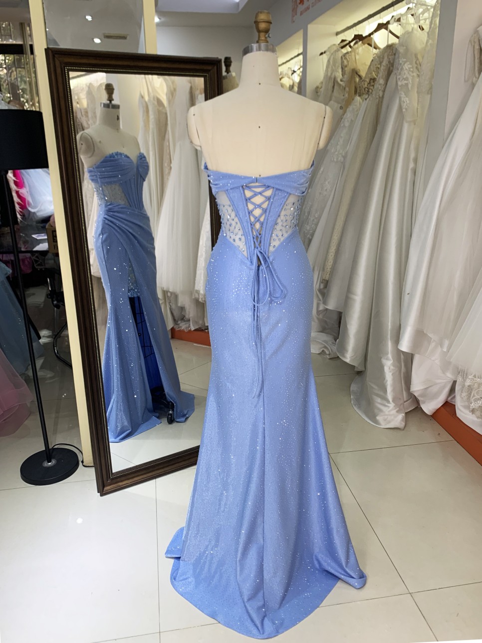 Dusty Blue Corset Rhinestone See Through Prom Evening Long Gown Dress Elegant 2026