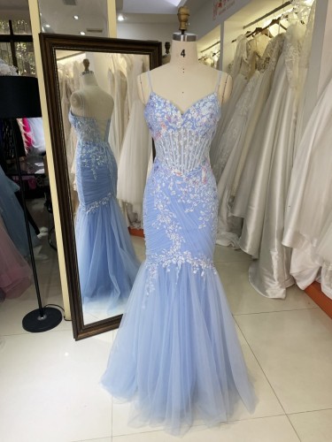 Light Blue Mermaid Corset Hand Pleated Tie Back Elegant Glitter Prom Dress 2026