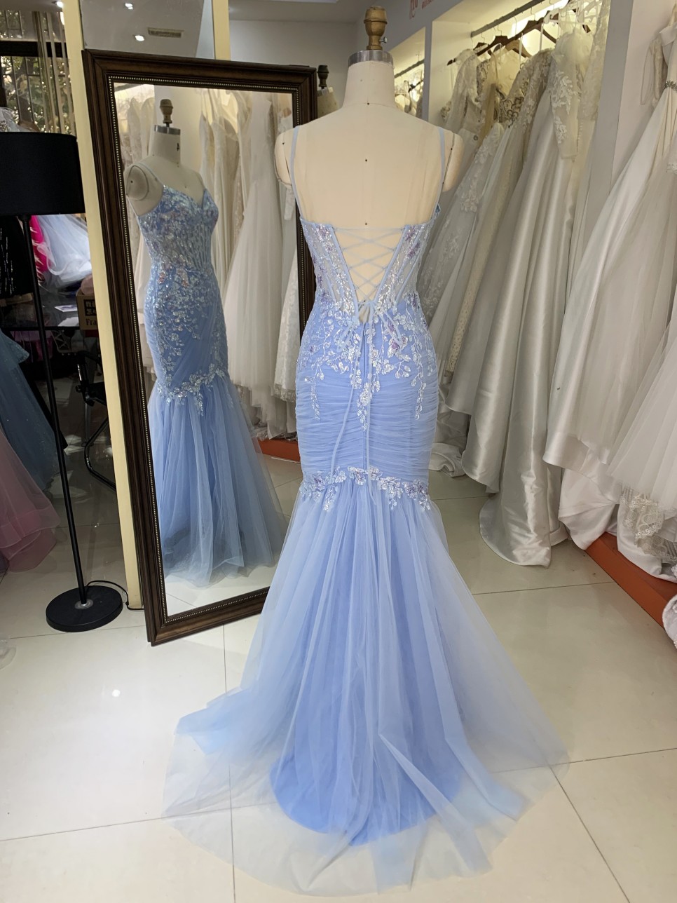 Light Blue Mermaid Corset Hand Pleated Tie Back Elegant Glitter Prom Dress 2026