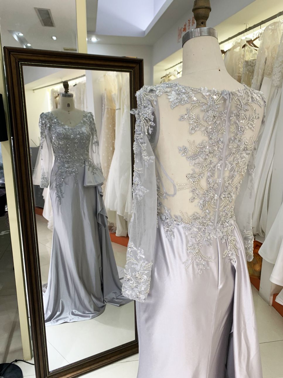 2025 New Luxury Silver Satin Mermaid Wedding Gown Handmade Beaded Embroidered and Pleated for Mother of the Groom