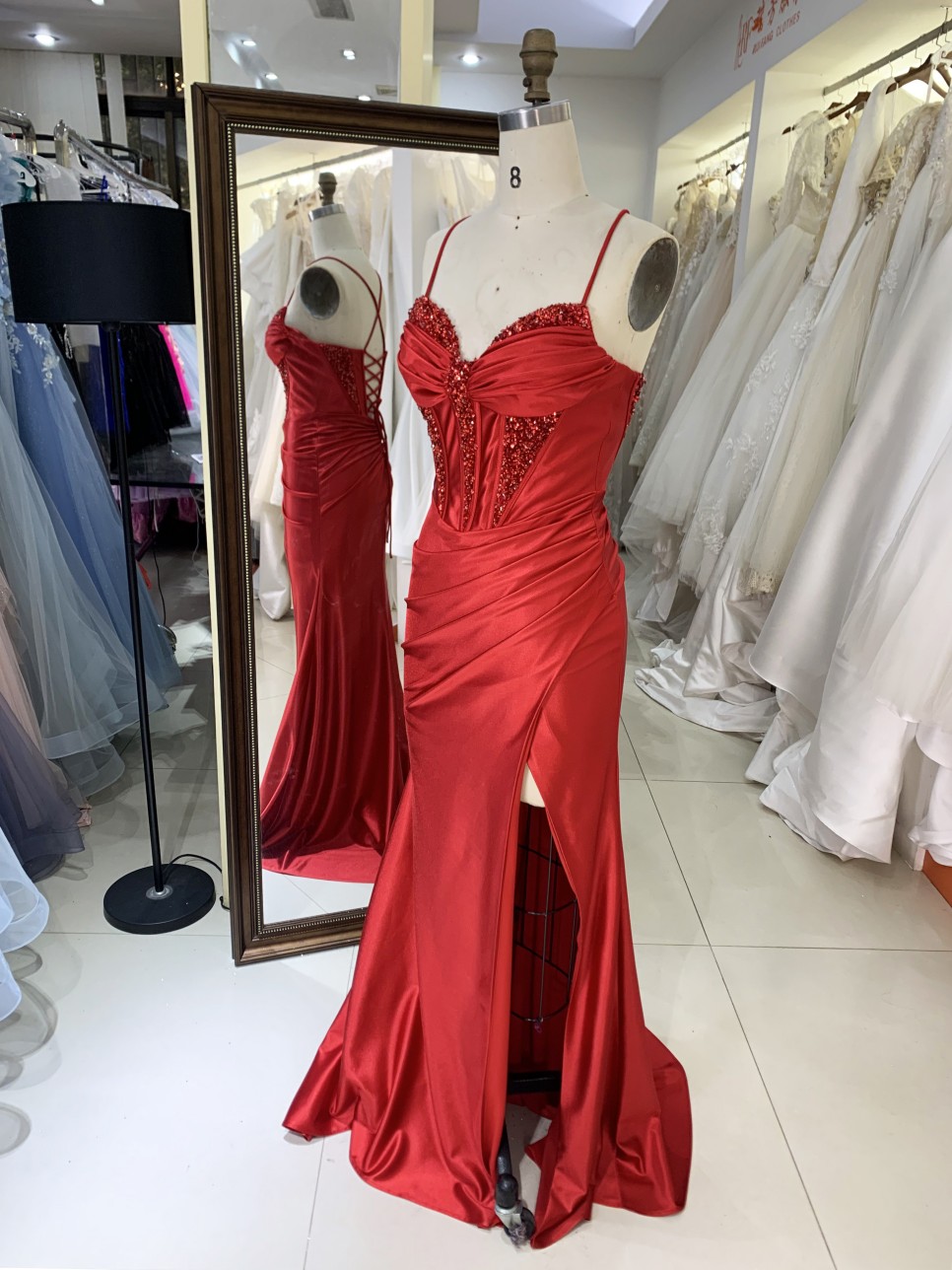 Red Elegant Long Prom Dresses Satin Evening Dress with Slit Long Knee-Length Floor-length Evening Dress