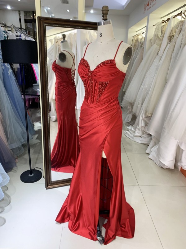Red Elegant Long Prom Dresses Satin Evening Dress with Slit Long Knee-Length Floor-length Evening Dress