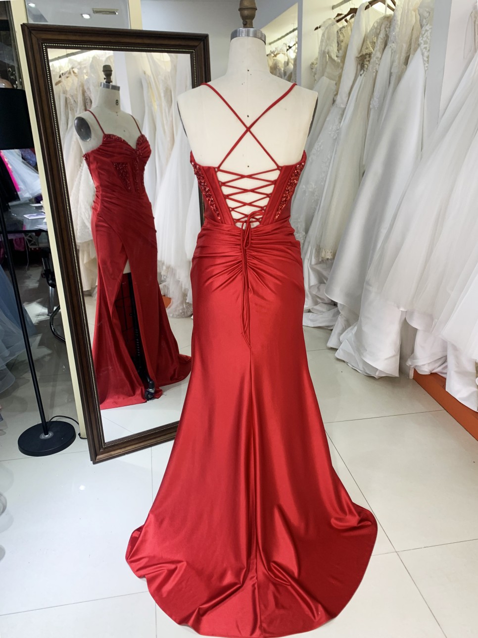 Red Elegant Long Prom Dresses Satin Evening Dress with Slit Long Knee-Length Floor-length Evening Dress