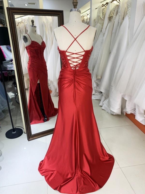 Red Elegant Long Prom Dresses Satin Evening Dress with Slit Long Knee-Length Floor-length Evening Dress