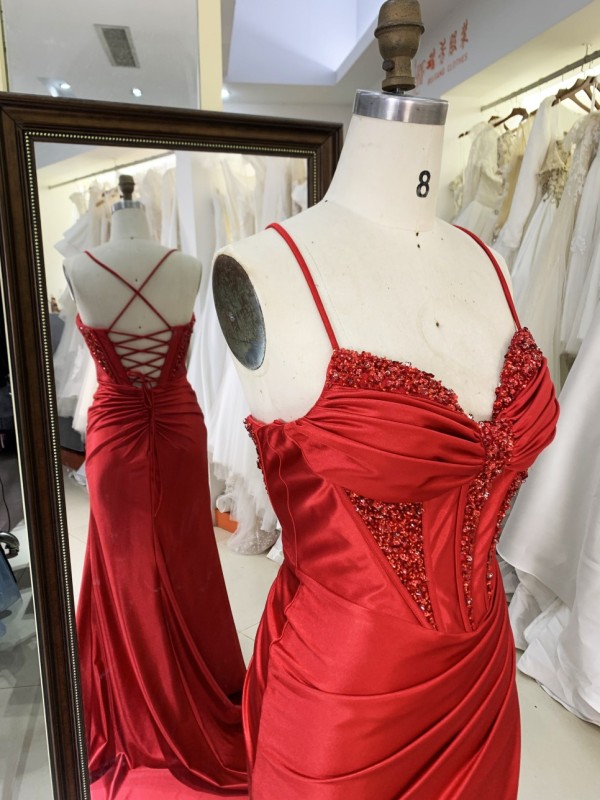Red Elegant Long Prom Dresses Satin Evening Dress with Slit Long Knee-Length Floor-length Evening Dress