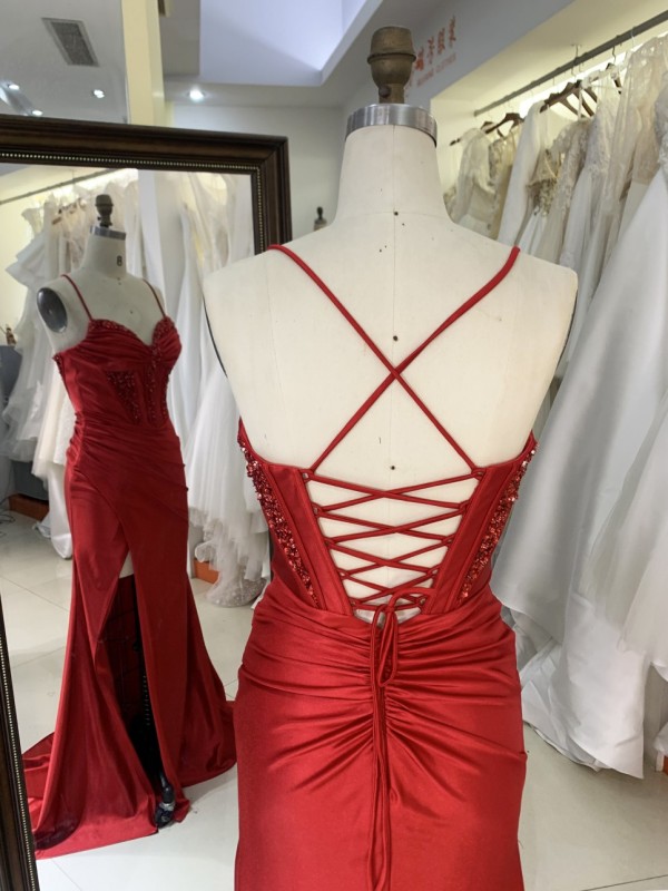 Red Elegant Long Prom Dresses Satin Evening Dress with Slit Long Knee-Length Floor-length Evening Dress