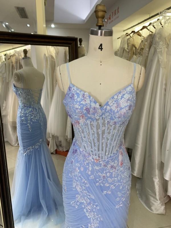 Light Blue Mermaid Corset Hand Pleated Tie Back Elegant Glitter Prom Dress 2026
