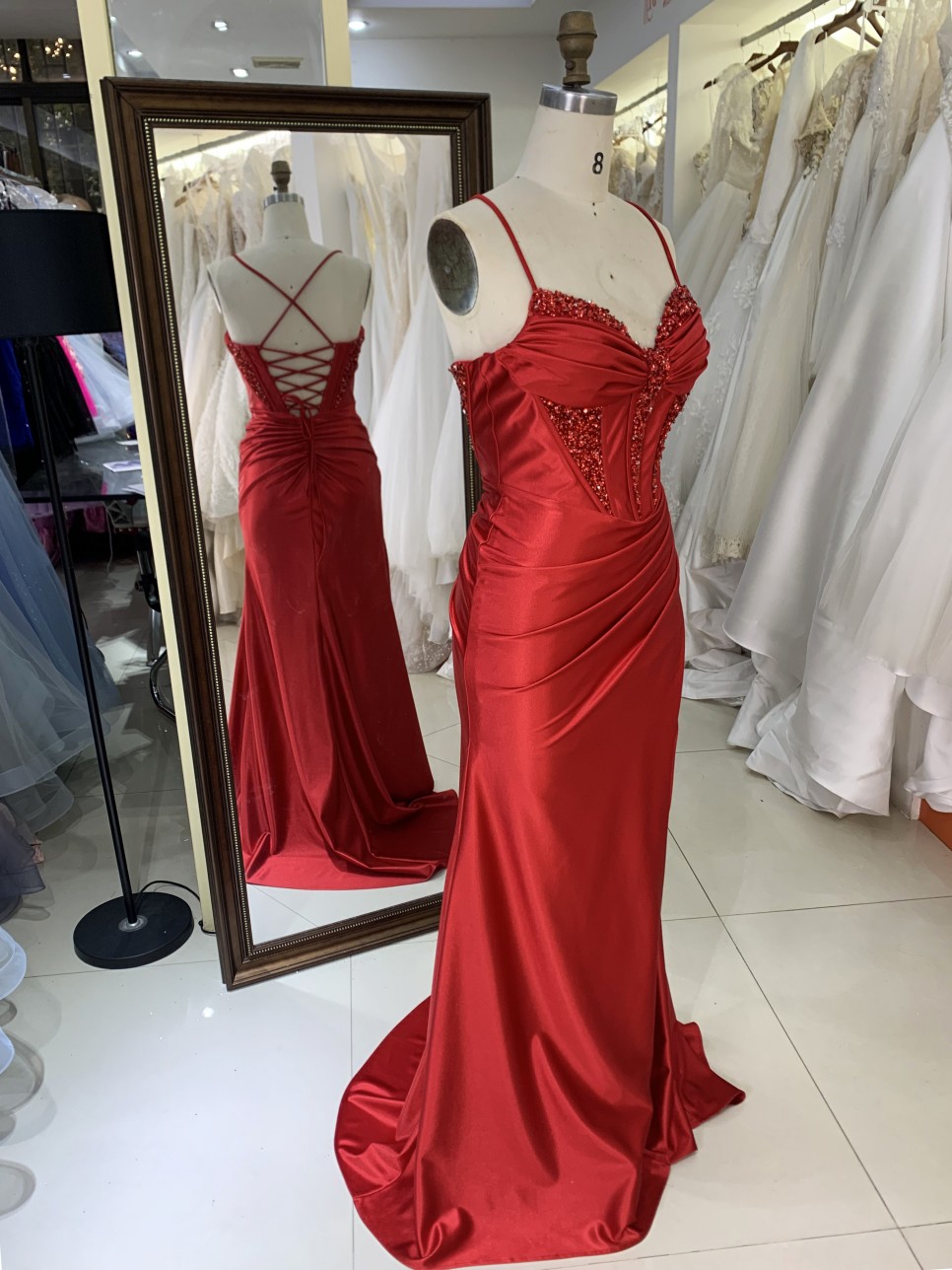 Red Elegant Long Prom Dresses Satin Evening Dress with Slit Long Knee-Length Floor-length Evening Dress