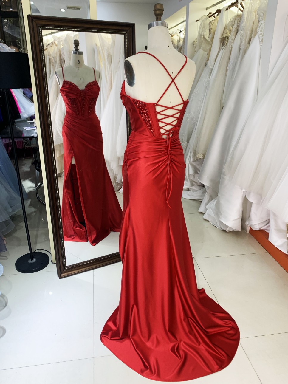 Red Elegant Long Prom Dresses Satin Evening Dress with Slit Long Knee-Length Floor-length Evening Dress