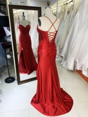 Red Elegant Long Prom Dresses Satin Evening Dress with Slit Long Knee-Length Floor-length Evening Dress