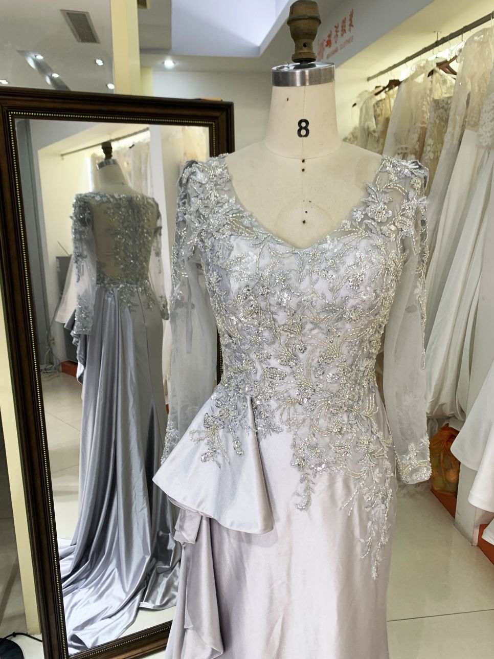 2025 New Luxury Silver Satin Mermaid Wedding Gown Handmade Beaded Embroidered and Pleated for Mother of the Groom
