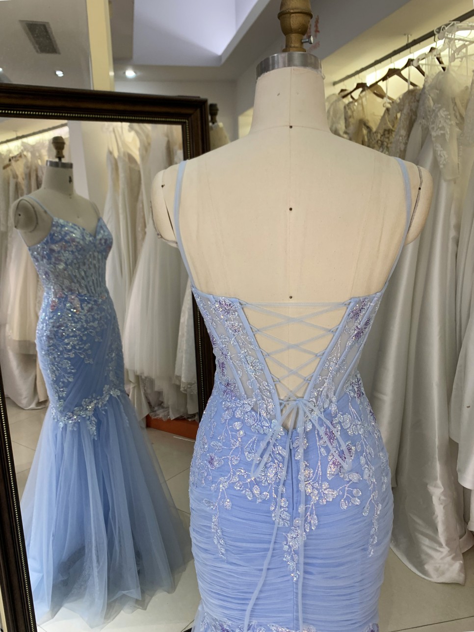 Light Blue Mermaid Corset Hand Pleated Tie Back Elegant Glitter Prom Dress 2026