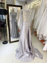 2025 New Luxury Silver Satin Mermaid Wedding Gown Handmade Beaded Embroidered and Pleated for Mother of the Groom