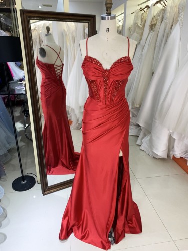 Red Elegant Long Prom Dresses Satin Evening Dress with Slit Long Knee-Length Floor-length Evening Dress