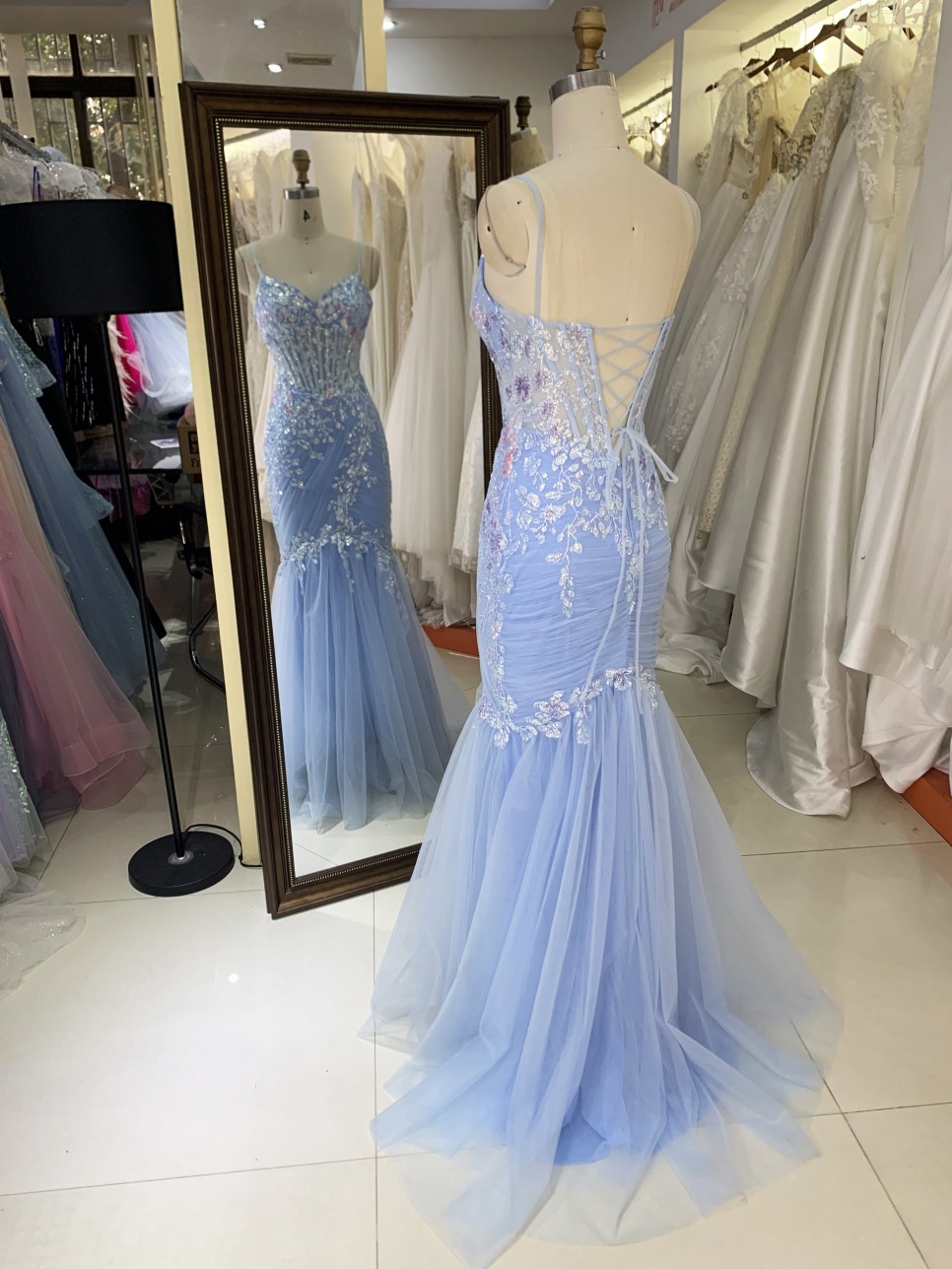 Light Blue Mermaid Corset Hand Pleated Tie Back Elegant Glitter Prom Dress 2026