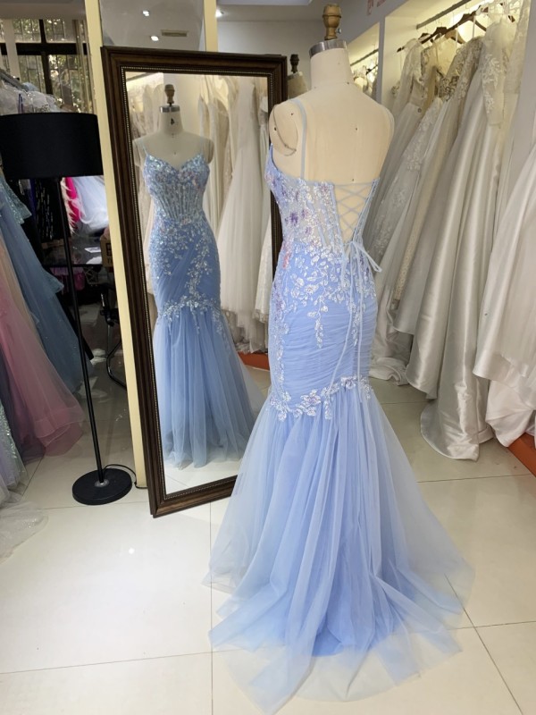 Light Blue Mermaid Corset Hand Pleated Tie Back Elegant Glitter Prom Dress 2026