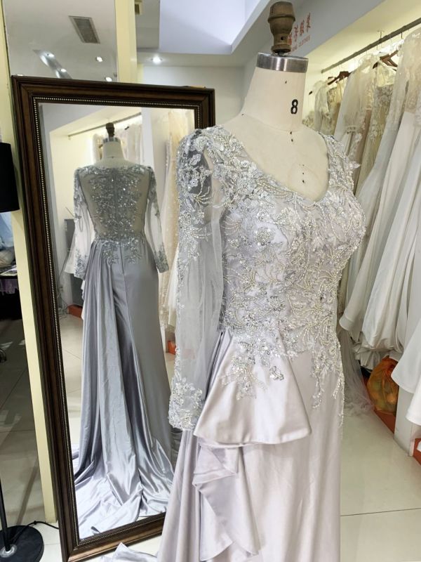 2025 New Luxury Silver Satin Mermaid Wedding Gown Handmade Beaded Embroidered and Pleated for Mother of the Groom
