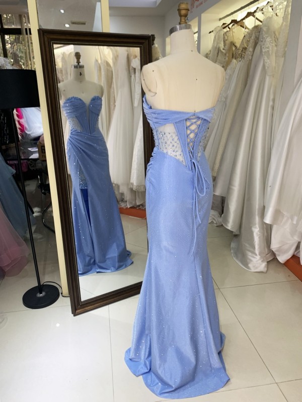 Dusty Blue Corset Rhinestone See Through Prom Evening Long Gown Dress Elegant 2026