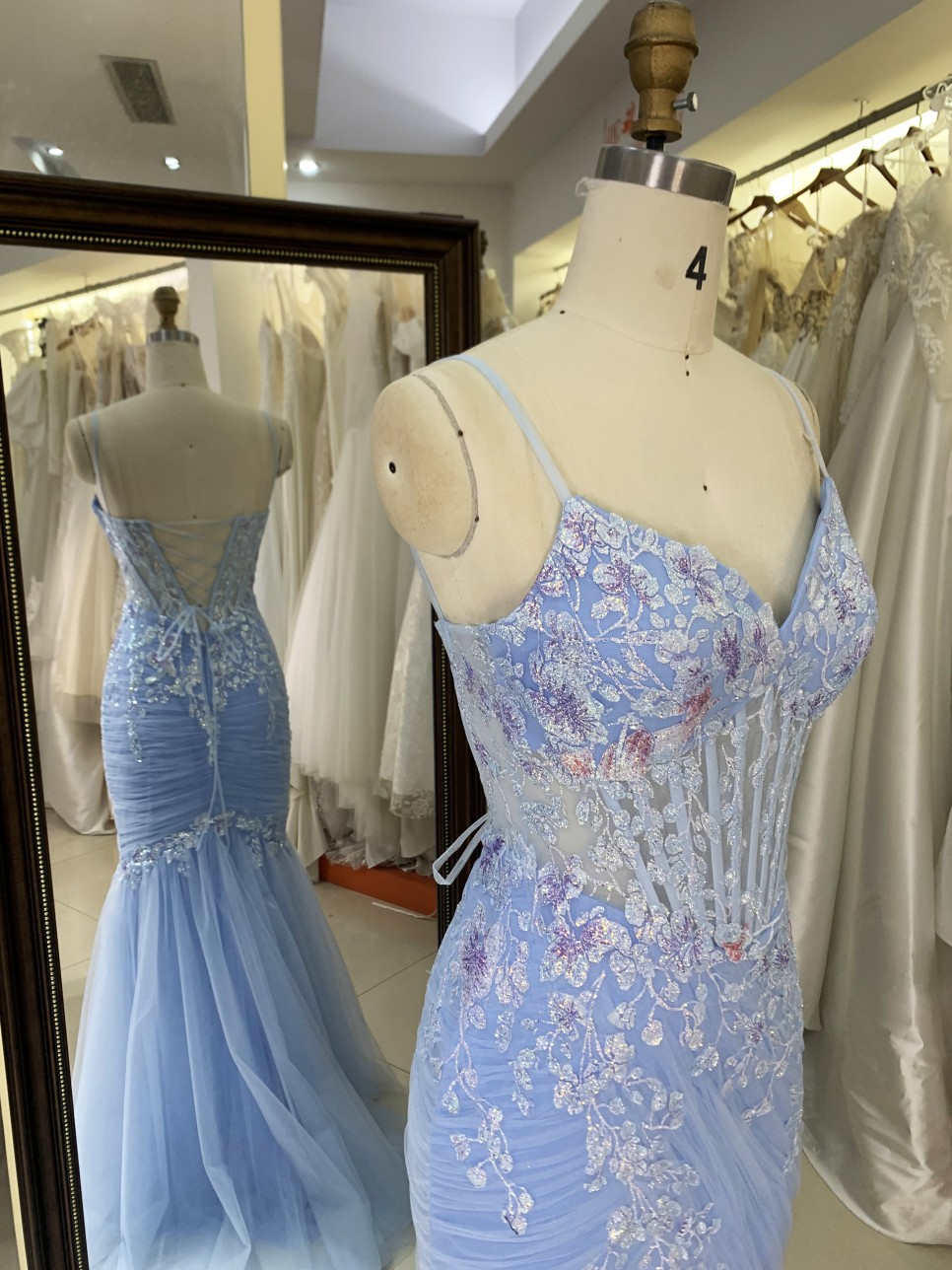 Light Blue Mermaid Corset Hand Pleated Tie Back Elegant Glitter Prom Dress 2026