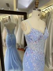 Light Blue Mermaid Corset Hand Pleated Tie Back Elegant Glitter Prom Dress 2026