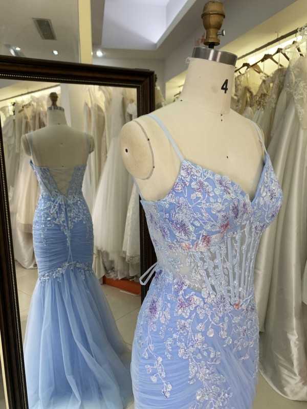 Light Blue Mermaid Corset Hand Pleated Tie Back Elegant Glitter Prom Dress 2026