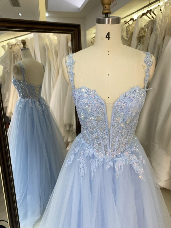 Prom Dress 2026 Modern Blue A-Line Tulle Skirt with 3D Flower Sequins Wholesale Party Long Gowns Evening Dress