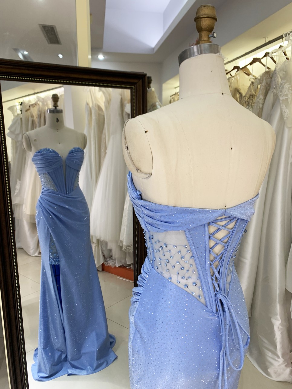 Dusty Blue Corset Rhinestone See Through Prom Evening Long Gown Dress Elegant 2026