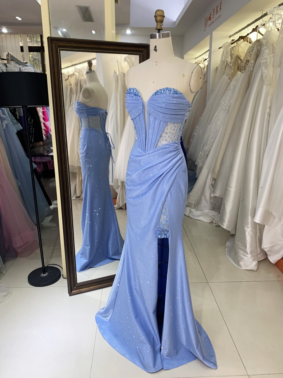 Dusty Blue Corset Rhinestone See Through Prom Evening Long Gown Dress Elegant 2026