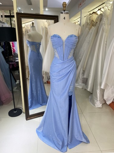 Dusty Blue Corset Rhinestone See Through Prom Evening Long Gown Dress Elegant 2026