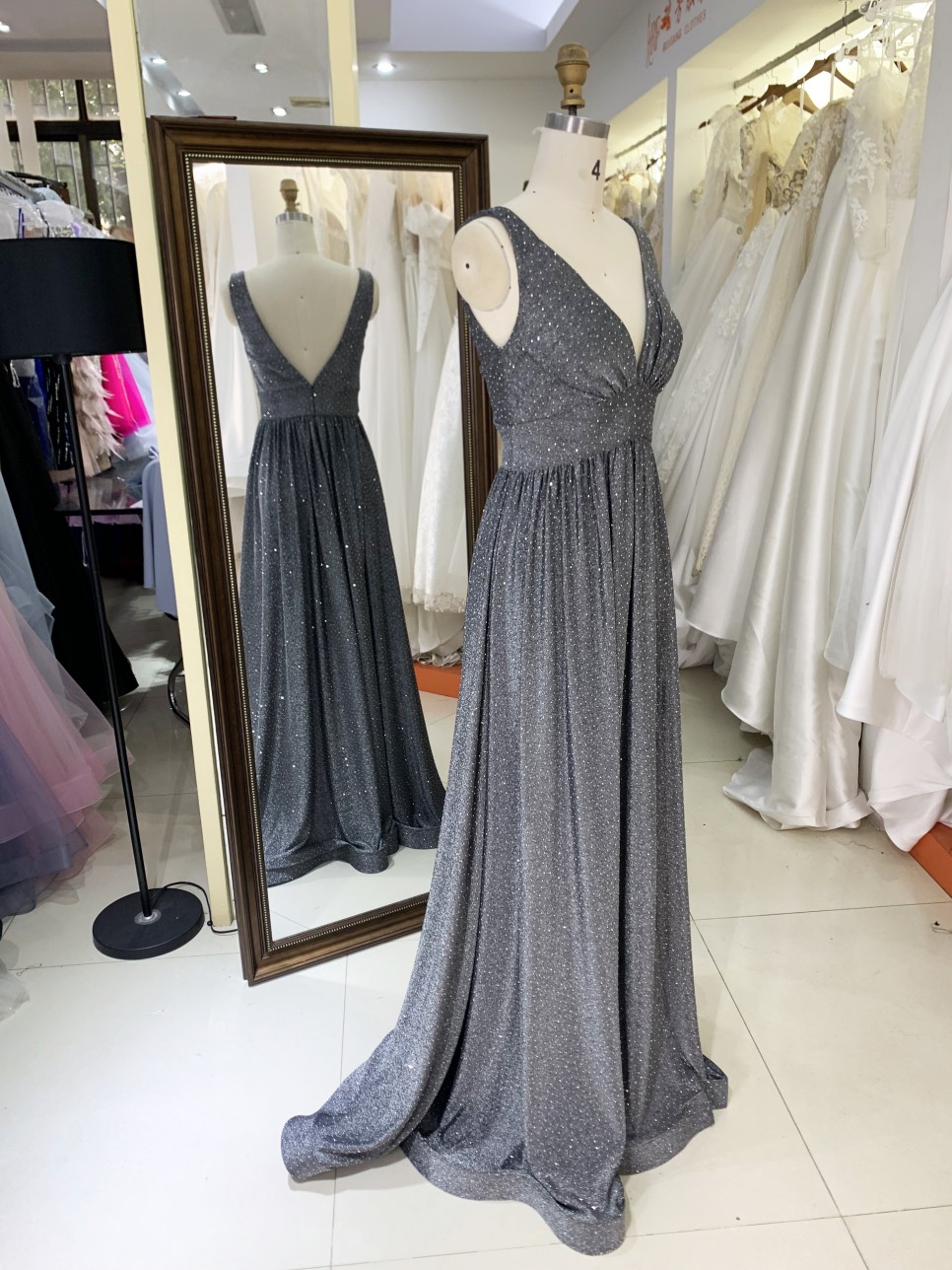 2026 Elegant Floor-Length Evening Dress with V Neck Glitter Material Zipper Back & Embroidery for Party Prom Dress