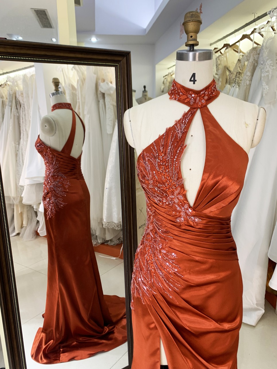 2025 Unique Burnt-Orange Halter Side Beads Mermaid Bridesmaid Dresses with Slit Long Satin Prom Dresses for Women Party Gowns