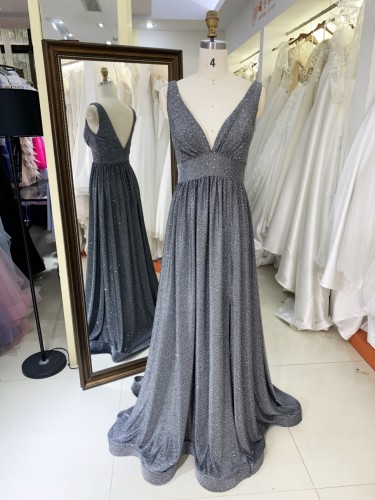 2026 Elegant Floor-Length Evening Dress with V Neck Glitter Material Zipper Back &amp; Embroidery for Party Prom Dress