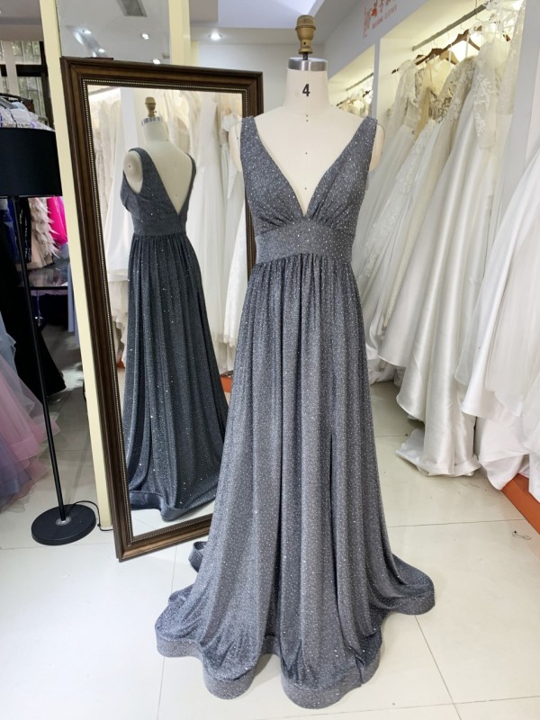 2026 Elegant Floor-Length Evening Dress with V Neck Glitter Material Zipper Back & Embroidery for Party Prom Dress
