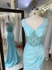 2025 Custom Light Blue Spaghetti Prom Dresses V-Neck Mermaid Crystal Beads Formal Party Dress with Slit Long Satin for Women