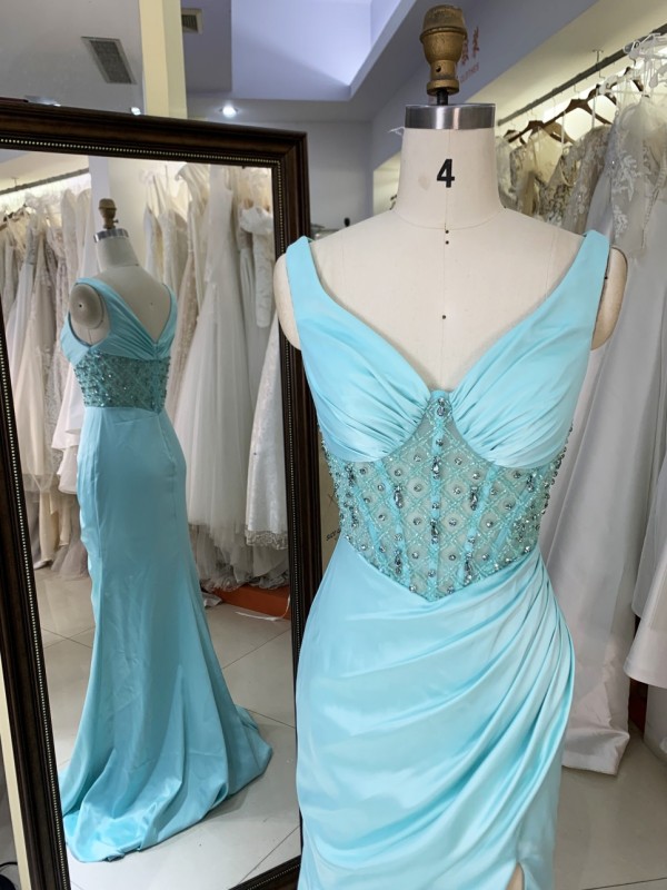2025 Custom Light Blue Spaghetti Prom Dresses V-Neck Mermaid Crystal Beads Formal Party Dress with Slit Long Satin for Women