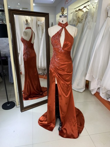 2025 Unique Burnt-Orange Halter Side Beads Mermaid Bridesmaid Dresses with Slit Long Satin Prom Dresses for Women Party Gowns