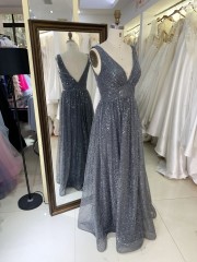 2026 Elegant A-Line Sparkling Fabric Evening Dress Deep V Neck Wholesale for Women Party Style with Embroidery Decoration