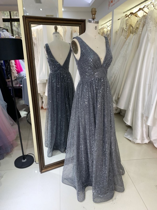 2026 Elegant A-Line Sparkling Fabric Evening Dress Deep V Neck Wholesale for Women Party Style with Embroidery Decoration