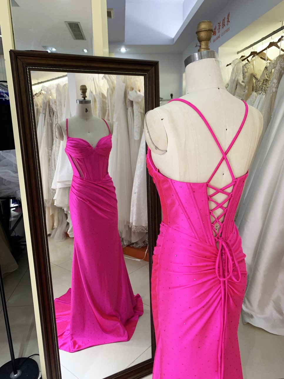 2026 Hot pink Stylish Lace up Back Pleated Satin Slit with Rhinestones Bodice Fitted Prom Dress