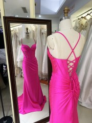 2026 Hot pink Stylish Lace up Back Pleated Satin Slit with Rhinestones Bodice Fitted Prom Dress