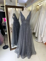 2026 Elegant A-Line Sparkling Fabric Evening Dress Deep V Neck Wholesale for Women Party Style with Embroidery Decoration