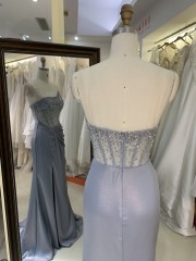 2025 Elegant Irregular Neck Sleeveless Crystal Beads Evening Dress with Stones Waist Pleat High Slit Zipper Back Party Dress